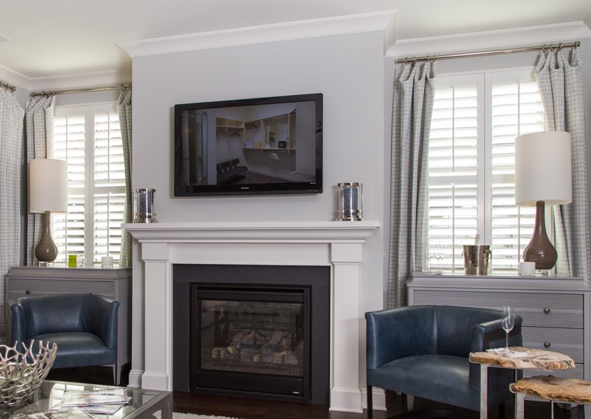 tv room Indianapolis faux wood shutters